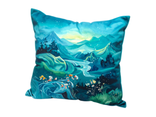 Mountain landscape pillow with trees, serene blue background, soft fabric, nature-inspired decor, peaceful accent for bedrooms and living rooms.