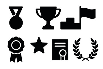 Award icons set for achievement recognition - includes medal, trophy, podium, ribbon, star, certificate, laurel