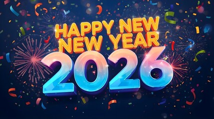 Happy New Year 2026 Celebration with Colorful Confetti, Fireworks, and Vibrant Typography on a Dark Background