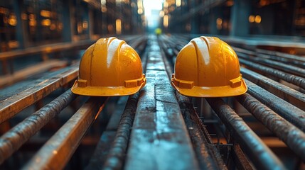 Two construction hard hats rest on a weathered metal rail within a gritty industrial workspace. The scene evokes themes of safety, labor, and the manufacturing environment.