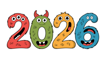 Playful Countdown: A whimsical and creative graphic illustrates the year 2026, where each digit is delightfully transformed into a unique, cartoonish monster.