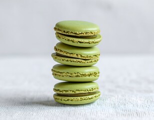 A stack of four green pistachio macarons, perfectly aligned and presented on a textured white surface.