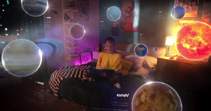 Young Black Woman Studies Astronomy on Her Laptop in a Dark Cozy Bedroom, Surrounded by Floating Planetary Holograms, Interactive Space Visuals, Solar System Data, Immersive Online Science Learning