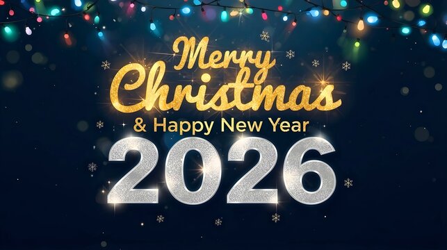 Merry Christmas and Happy New Year 2026 Festive Greeting Card with Gold and Silver Glitter Text, Bokeh Lights, and Snowflakes