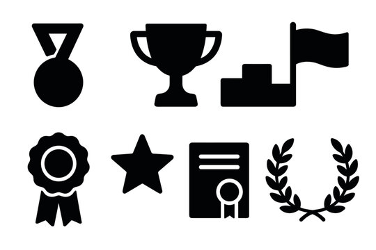 Award icons set for achievement recognition - includes medal, trophy, podium, ribbon, star, certificate, laurel
