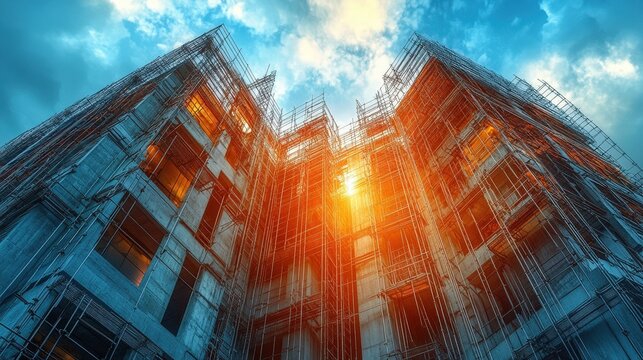 A digital artwork depicting a building under construction through geometric abstraction. Dynamic color and lighting evoke a sense of movement and construction.