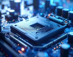 Close-up of a computer CPU socket on a motherboard. Illuminated blue hues with soft, out-of-focus lights