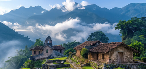 Inca city ruins in mountains, old stone temples and houses in jungle