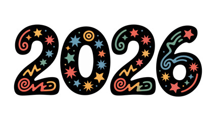 New Year's Eve 2026: An intricately designed display with the number 2026 featuring celestial patterns in a decorative, festive style, representing the arrival of a new year. 