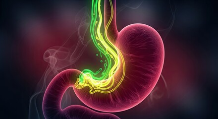 Human Stomach and Digestive System with Glowing Acid Reflux Illustration.