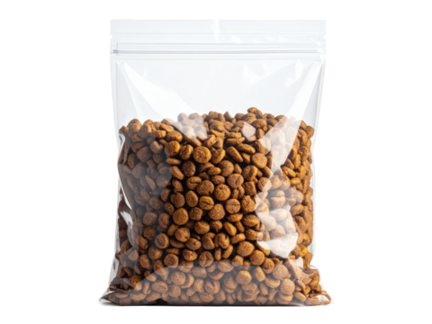Cat food sealed plastic bag, transparent packaging, dry kibble, healthy nutrition, minimal white background, convenient storage for pet owners and feline lovers.