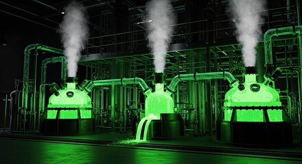 Industrial Chemical Plant with Glowing Green Vats and Steam.