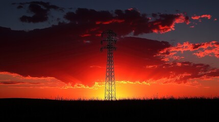 Naklejka premium A dramatic silhouette of an electricity pylon is set against a vibrant, fiery sunset sky, evoking a sense of power and beauty.