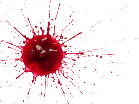 Blood splash dramatic white background creates intense focal point, conveying urgency, crime, horror, or medical themes in a minimal, modern, and impactful style.