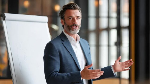Male business coach speaks to audience using a flipchart in a modern office setting during a professional development seminar