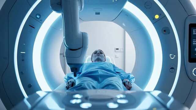 Patient positioned inside mri scanner tunnel during medical imaging procedure. Advanced diagnostic technology for healthcare examination and disease detection. Modern radiology equipment in hospital