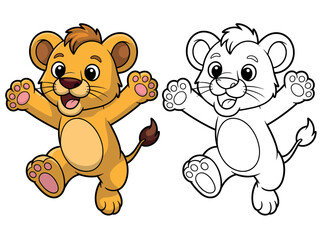 Obraz premium Two cartoon lion cubs, one colored and one outlined, are depicted with open arms and a joyful expression in this illustration.