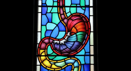 Stained Glass Window Depicting Human Digestive System Anatomy.