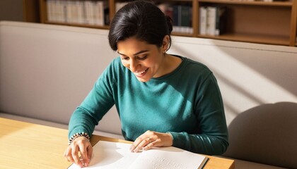 Blind woman reading and writing notes at a table in library