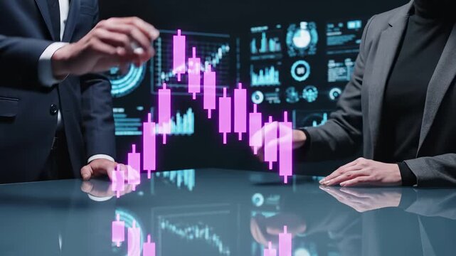 Business professionals analyzing holographic candlestick trading charts during financial meeting. Digital visualization technology for market analysis, investment strategy, and data driven decision