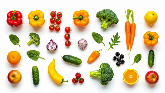 Fresh assorted fruits and vegetables in high resolution, vibrant colors and natural textures, perfect for healthy food, nutrition, grocery and organic lifestyle concepts.