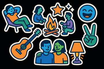 Fototapeta premium Vibrant camping icons collection featuring campfire, guitar, and leisure activities for outdoor enthusiasts