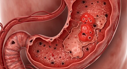 3D Medical Illustration of Stomach Cancer Tumor Growth.
