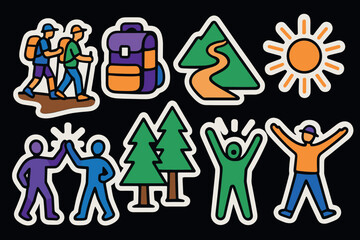 Colorful hiking and nature icons for adventure enthusiasts and outdoor-themed designs