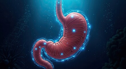 Anatomical illustration of the human stomach with glowing blue particles.