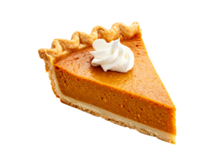 Creamy orange pie slice dessert topped with whipped cream, isolated on white, tempting, homemade, inviting, sweet, bakery, classic, holiday, delicious.