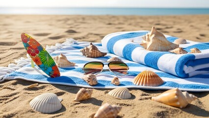 Beach towel, shells, mini surfboard — classic summer vacation scene. 🏖🐚