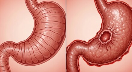 Comparison of a healthy stomach and a stomach with an ulcer.