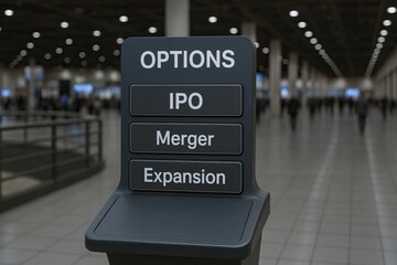 Options IPO Merger Expansion strategic decision growth plan in corporate environment with sleek signboard conveying business choices and future direction in modern transit concourse