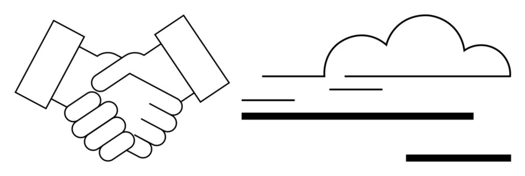 Handshake symbol of agreement beside cloud representing connection, networking, or modern storage. Ideal for business, partnership, teamwork, data sharing, cloud computing, technology simple flat