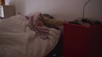 Old Lady Wakes up in Cozy Bedroom as Morning Light Fills the Room