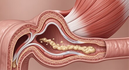 Detailed illustration of a hiatal hernia showing stomach contents protruding into the esophagus.