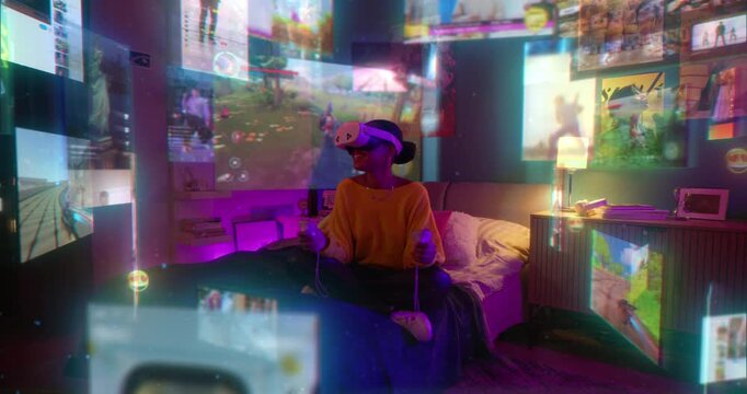 Young Black Woman in a Cozy Neon Bedroom Uses a Virtual Reality Headset. Immersive Holographic Video Games, Social Feeds, Creative Interactive Design, Art Creation, and Educational Exploration.