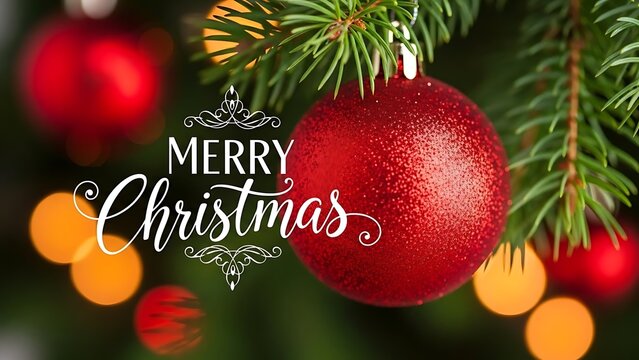 Merry Christmas greeting card featuring a festive red ornament hanging on a Christmas tree with bokeh lights, perfect for holiday marketing and promotions