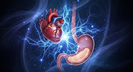Human Heart and Stomach Organs with Electrical Energy Connections.