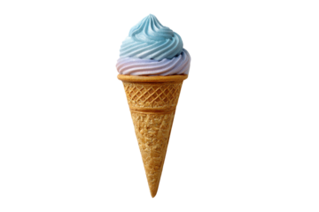 Swirled blue and pink soft serve ice cream in a waffle cone image