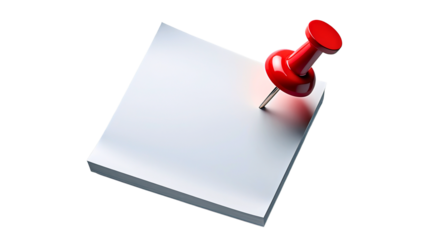 Red push pin securing a blank white paper note on a deep black background simple concept