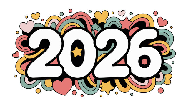 2026: An illustrated depiction of the new year, filled with hearts, stars and joyful colors, inviting the viewer into the celebration of the future.