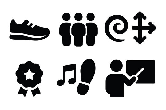 Bold vector icons set featuring shoes, people, spiral, arrows, award ribbon, music note, footprint, and teaching concept for graphic design