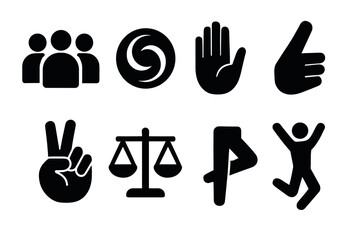 Fototapeta premium Bold vector icons set featuring hand gestures, balance scale, group, and active person silhouettes for creative design