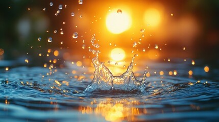A vibrant water splash captured in sunlight, creating a dazzling display of light and reflection. Dynamic and energetic, perfect for conveying movement and freshness.