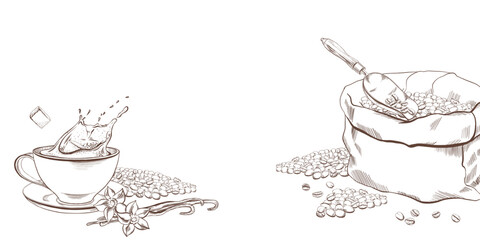 Coffee template with coffee cup with splashing liquid as a sugar cube drops inside,Coffee beans pile,Vanilla pods and blossoms,burlap sack,vintage metal scoop with a wooden handle in vector graphic 