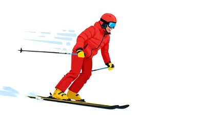 Skier in red outfit skiing down a snow-covered slope with ski poles and goggles