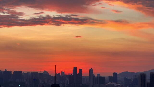 Kuala Lumpur, Malaysia, June 8, 2025: Sunset from an observation deck in Kuala Lumpur. Sunset sky illuminated by twilight, TV tower, and high-rise buildings from the air in the city center. 4K