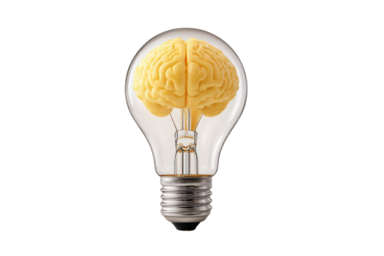 Yellow Brain Inside Clear Light Bulb Against Black Background lightbulb idea