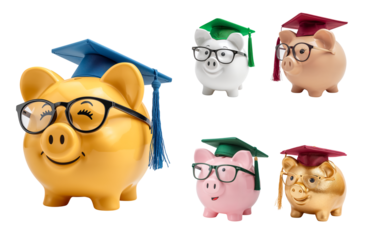 piggy bank with bachelor's hat and glasses isolated on transparent background